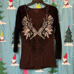 Rock & Roll Cowgirl Black Angel Wing Long Sleeve Top